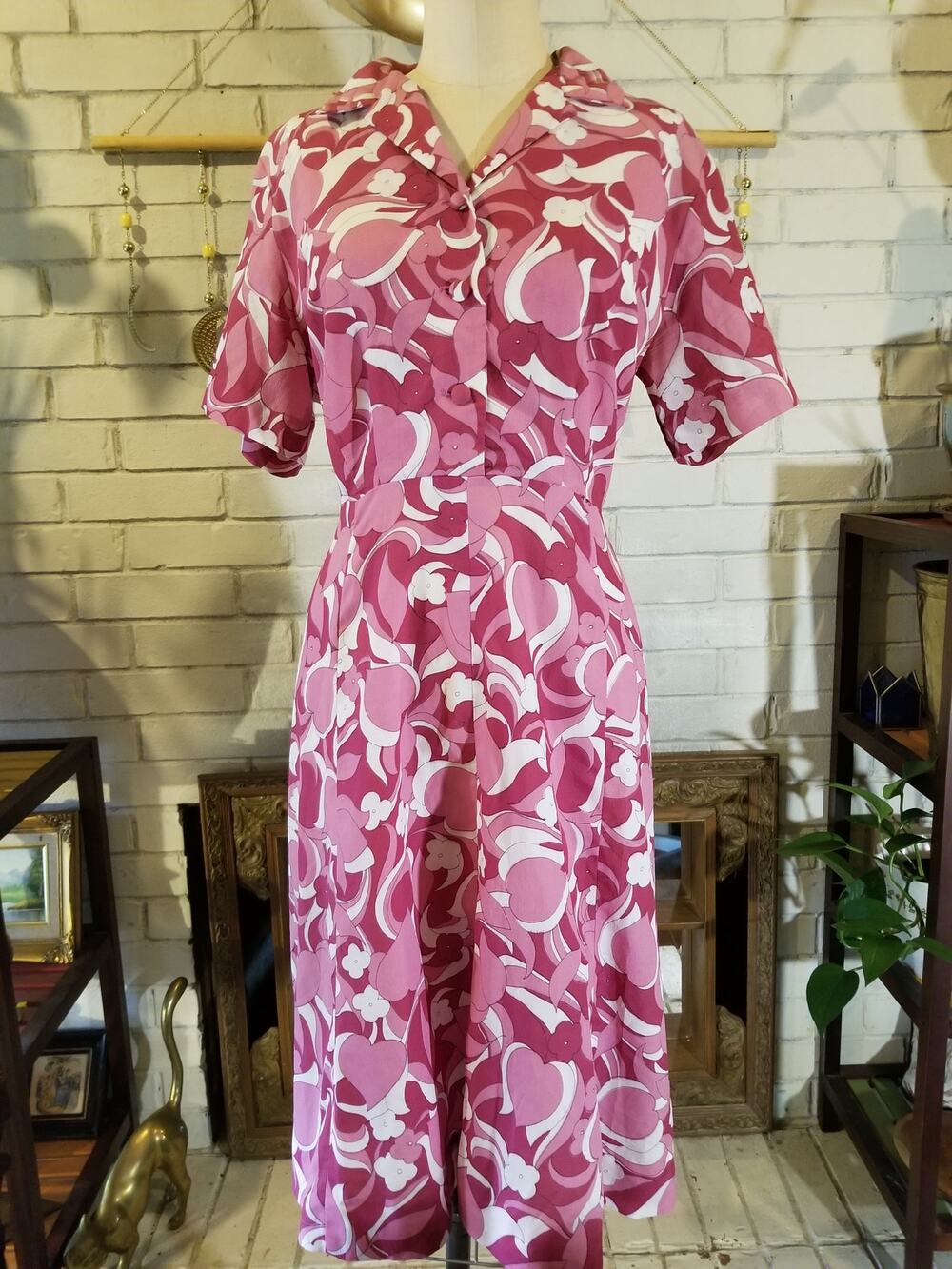 Vintage 60s 70s Philip of Dallas Mod Psychedelic Pink Swirl Shirtwaist Dress L